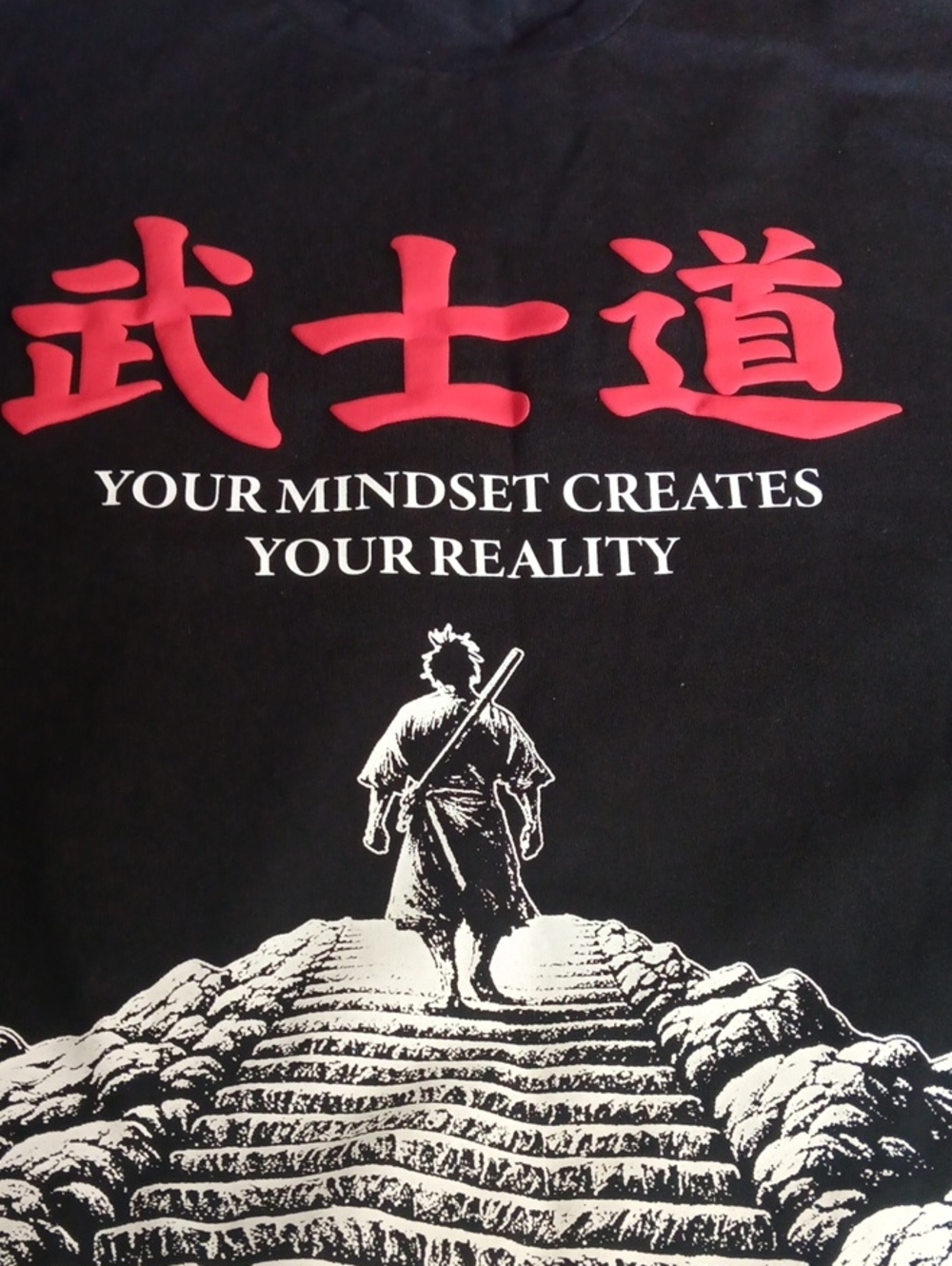 Black Short Sleeve Graphic Tee with Red Kanji and White Samurai Print